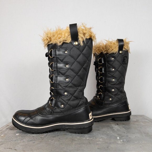 Sorel Tofino II 2 Size 5 Waterproof Rain Snow Boots Lace Up Fur Lined Black Tan - Picture 4 of 8
